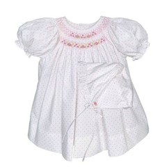 Petit Ami White Pink Dot Floral Smocked Bishop Dress Set with Bonnet Newborn