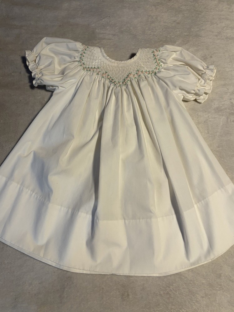 Smocked SS puff dress Rosalina Collection flowers 12m Embroidered White Formal