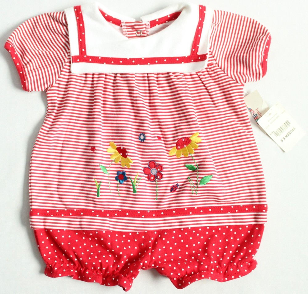 Okie Dokie Baby Girls 6-9M Retro VTG Sailor Romper Red Stripe Flower Polka Dot