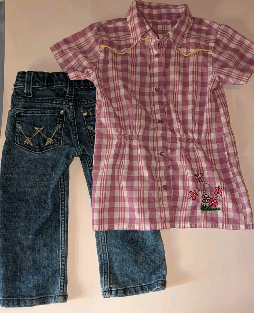 Wrangler Girls 2T Purple Shirt western country cowgirl Jeans outfit pearl snap