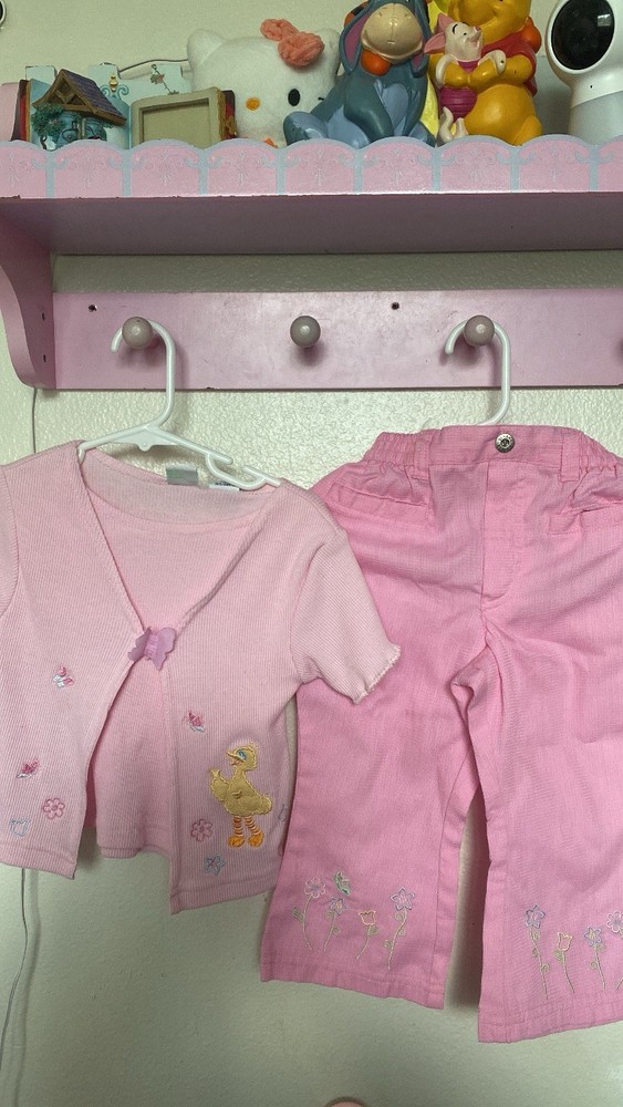 Vintage Embroidered Big Bird Sesame Street 2 Piece 2T Outfit Pink