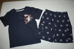 Toddler Boys Outfit NAVY BLUE HENLEY TEE SHIRT Cargo Shorts SHARKS Laughing 2T