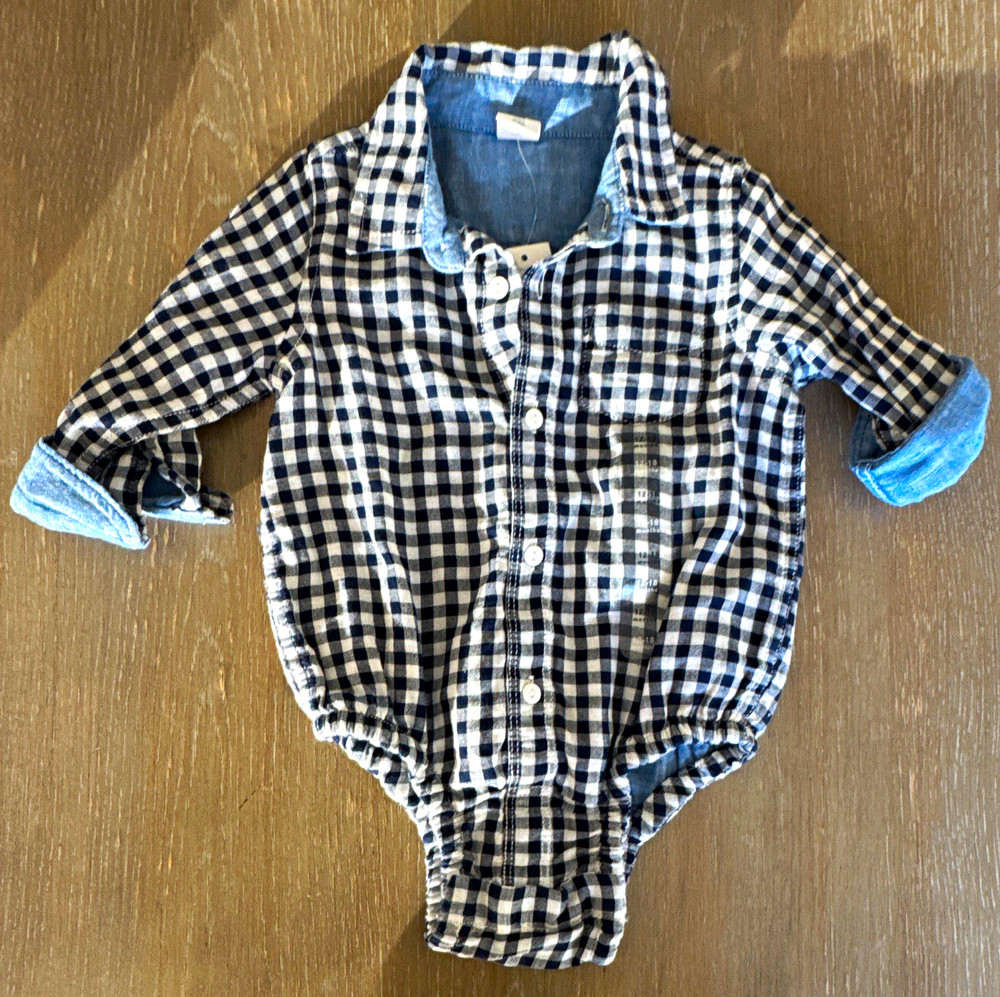 GAP Baby Blue/White Gingham Long Sleeve Collared Cotton Shirt 12-18 Months