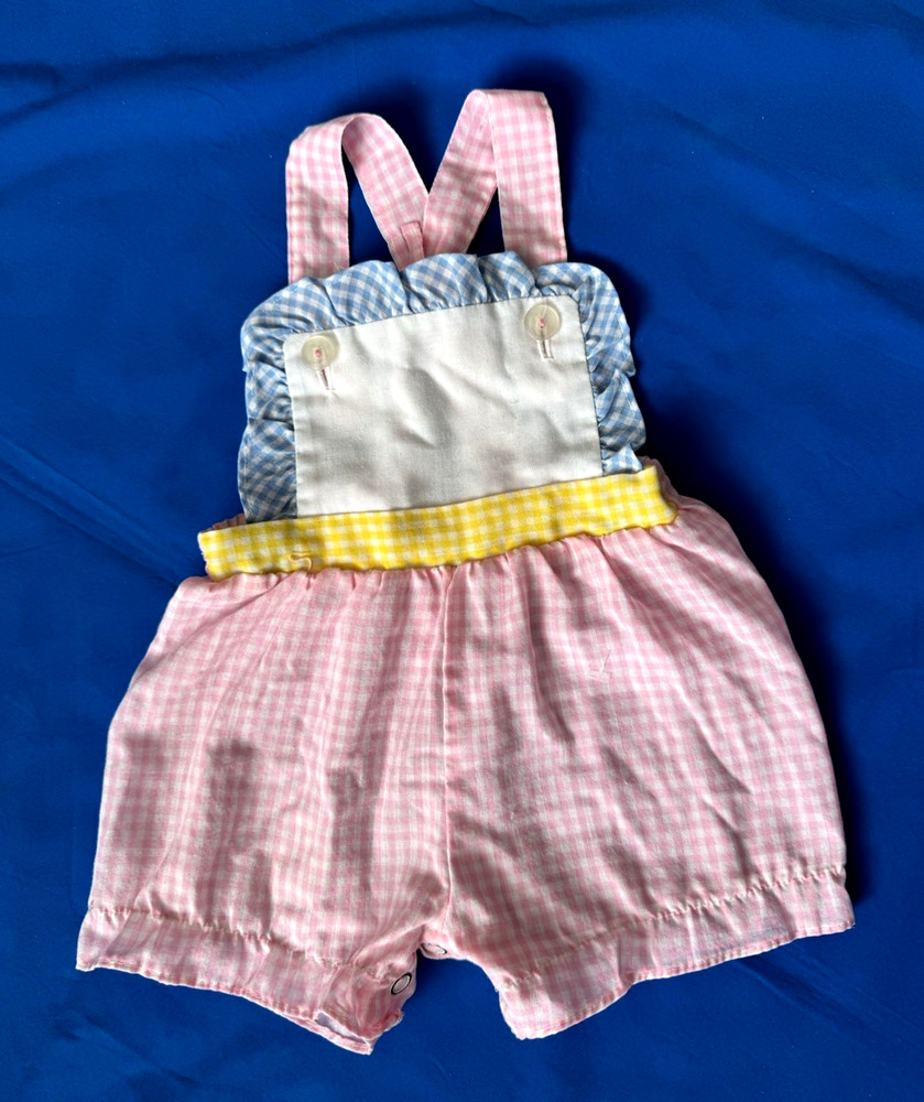 Baby Girl Vintage Pink Blue Yellow Gingham White Romper Outfit CottageCore 3-6M