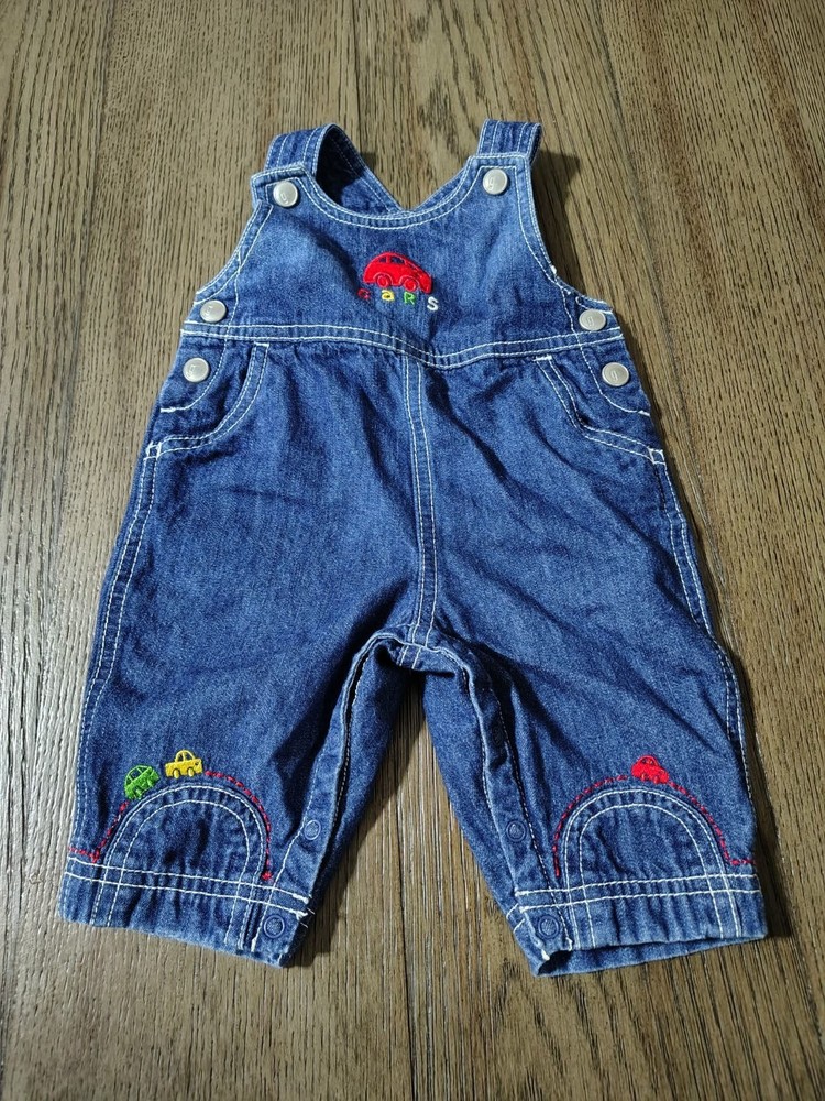 GYMBOREE OVERALLS VINTAGE 2001 LIGHTWEIGHT DENIM 0-3 MONTH~CAR THEME,SNAPS RARE