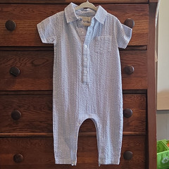 monica + andy Blue/White Striped Seersucker Collared Romper Pockets 18-24M