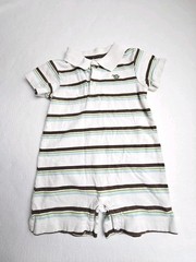 GYMBOREE Romper Baby Boy 12-18m White/Brown/Green Stripe Snap Bottom Collar