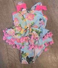 Betsey Johnson Girls Floral Pink Pom Pom One Piece Swimsuit Size 2t