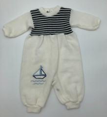 Vtg. Creaciones Rossy Baby Boys White Blue Striper Knit Romper see measurements