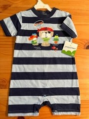 Jumping Beans Boys Size 24 Months Blue Striped Pirate Bear Romper Cotton NWT