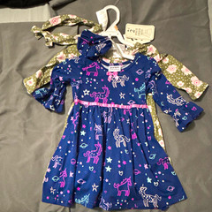 Blueberi Boulevard Girls 2T 2-Piece Dress Set Unicorn & Floral w/ bow/headband