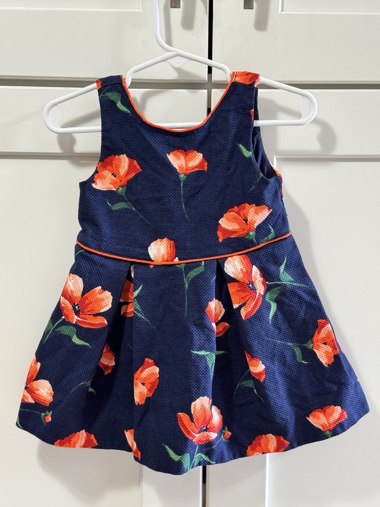 Janie And Jack Girl’s Floral Pique Dress Navy Size 12-18 Months 100% Cotton EUC