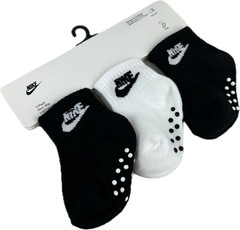 Nike Baby 3 Pk Black White Ankle Polyester Swoosh Logo Gripper Sock Set 6-12 MO