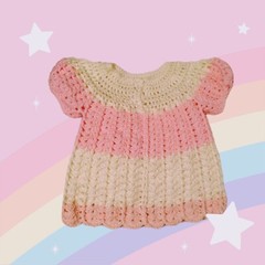 HAND MADE CROCHET Baby Girl Dress Size 6-9 Months Pink Ivory Short Sleeve Sheer