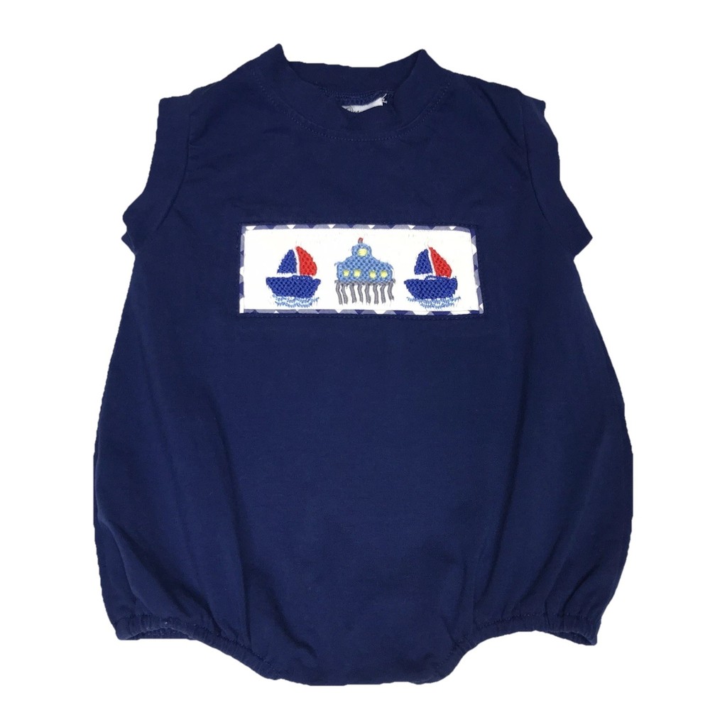 Sweet Magnolia Smocked Sailboat Bubble Romper Size 6M Blue Spring Summer