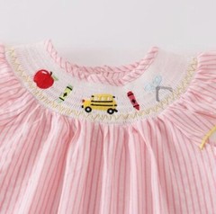 Boutique Back to School Apple School Bus Girls Pink Embroidered Smocked Dress
