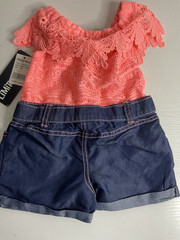 Limited Too Baby Girls Lace Neon Coral & Denim Romper Size 18 Months