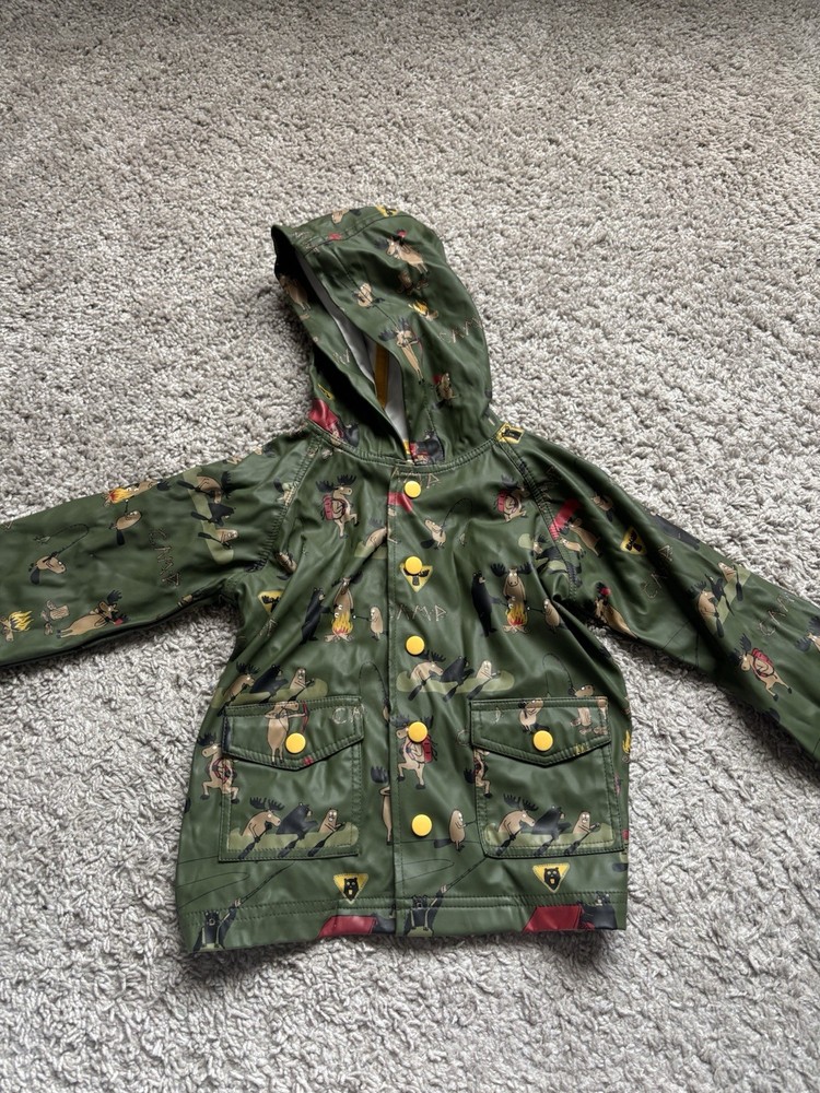 Hatley 2T Rain Jacket Camping Print Rain Coat Hooded Green