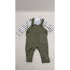 Baby Place Bundles 2 Piece Set Striped Bodysuit Olive Overalls 0-3M NWT