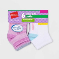 Hanes Premium Baby Girls’ Multicolor 6pk Comfort Soft Ankle Socks Size 12-24M