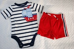 Baby Boys WHITE NAVY BLUE STRIPED T-SHIRT Pirate Ship RED SHORTS Pockets 18 MO