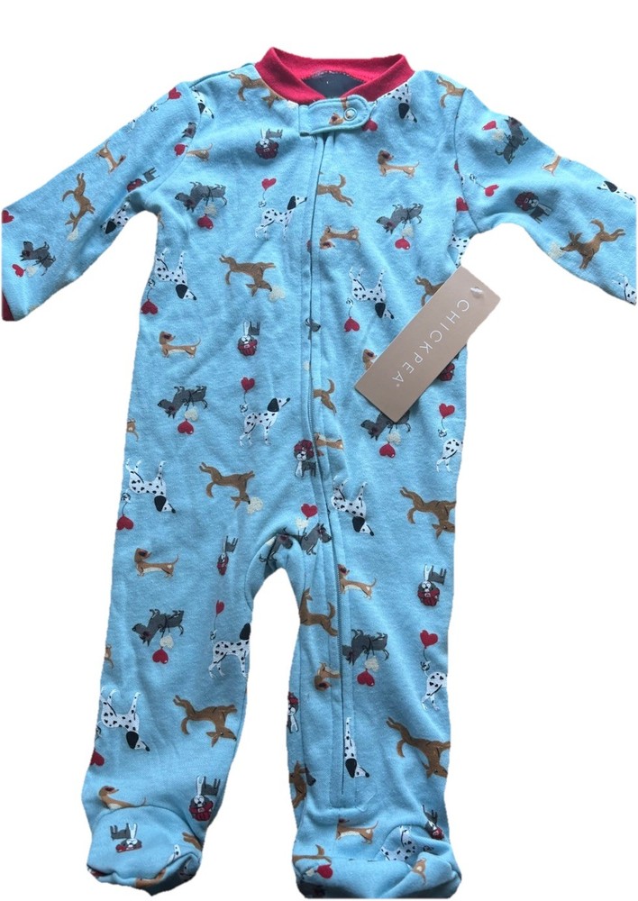 chickpea Unisex Blue Dog & Heart One Piece With Footsies ,0-3m., New With Tags