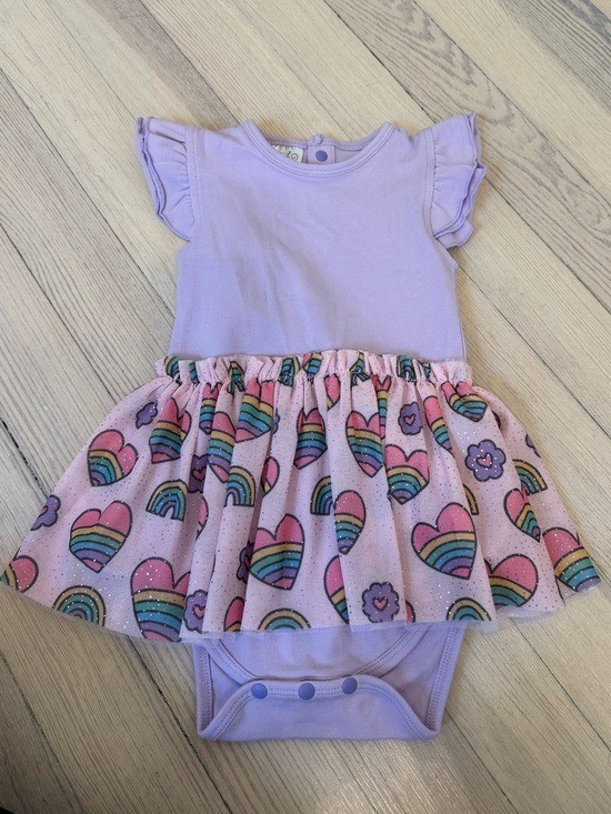 SWEET WINK Baby Girl’s Purple Flutter Sleeve Rainbow Heart Print Dress Size 6-12