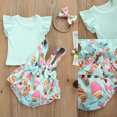3PCS Newborn Baby Girl Clothes Ruffle T Shirt Tops Shorts Headband Outfits Sets