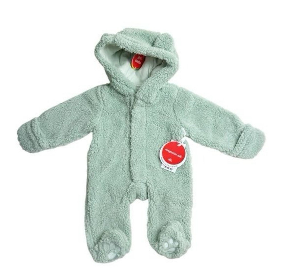 Magnetic Me Newborn Fleece Snowsuit Bear Hood Magnetic Closure Light Green