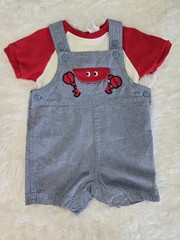 Little Me Baby Boy Seersucker Shortalls Overalls Lobster Sz 9 Months Romper