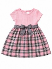 Youngland Girls 2T Pink Plaid Dress Gray Polka Dot Bow Short Sleeve Toddler