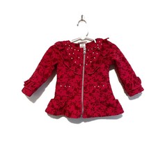 Little Lass red ruffled floral top jacket rhinestones zip quilted stretchy 12mo