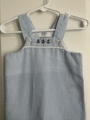 CROWN & IVY-(6-9M)-Baby Boy-Shortall-Blue/White Seersucker Stripe-with Anchors