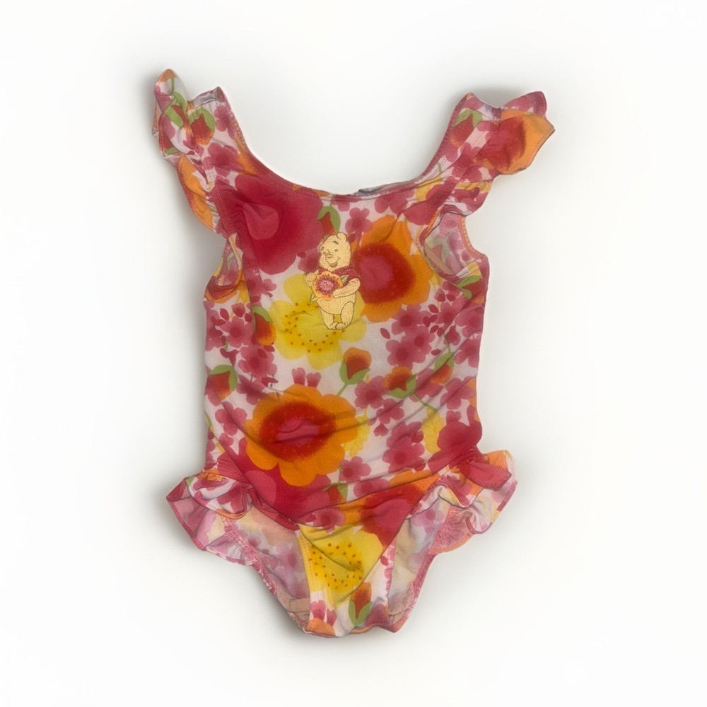 Pooh Winnie the Pooh Girls 2T One Piece Swimsuit Floral Ruffle Multicolor