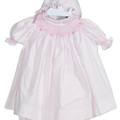 Pink Geometric Smocked with Roses Short Sleeve Bishop Dress & Bonnet