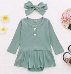 Laurenza’s Baby Girls Green Ribbed Dress with Bow Headband