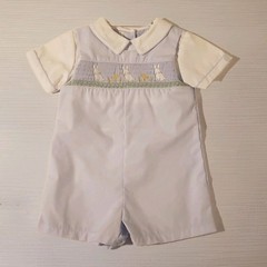 Petit Ami 9M SmockedRomper Embroidered Bunny Scene Easter Blue Preppy Classic