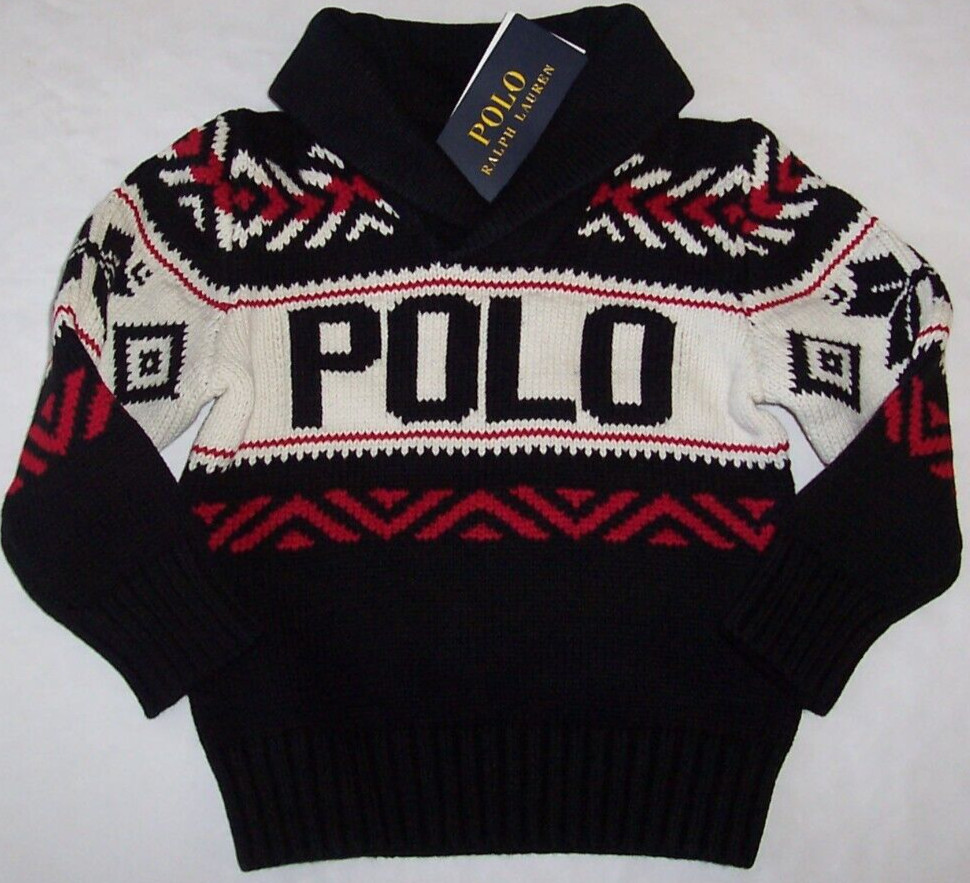 NWT Polo Ralph Lauren BLACK/WHITE/RED Cotton FAIR ISLE Sweater Toddler Boys 2/2T