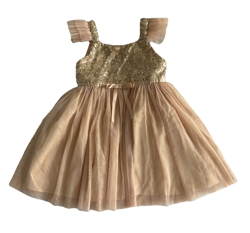 Popatu Toddler Gold High Waist Sequin Tulle Party Ruffle Bow Princess Dress 2T