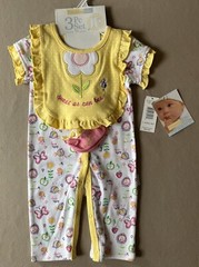 6 Months Girls “Bee” THREE Piece Outfit Set~Coverall, Bib & Socks, New With Tags
