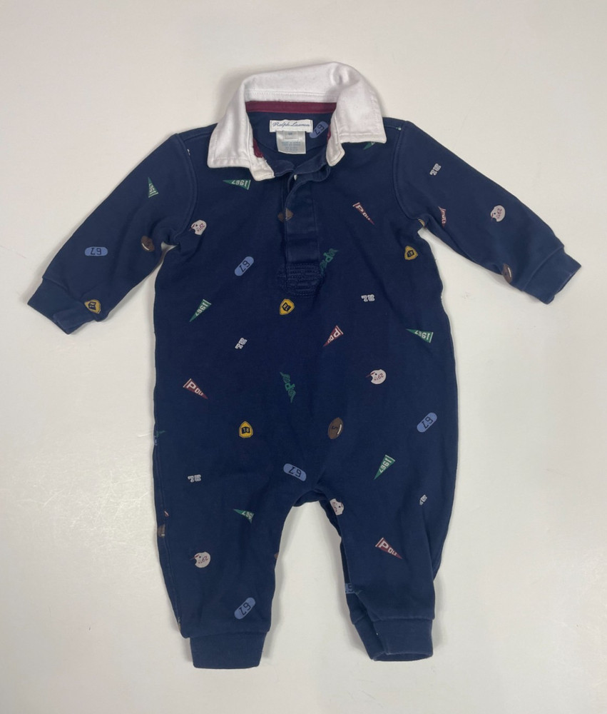 RALPH LAUREN Baby Boys Collared Football Theme One Piece Outfit Size 6 Months