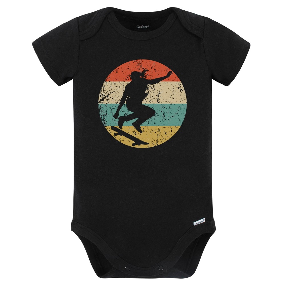 Retro Skateboarder Female Athlete Skateboarding Baby Bodysuit (Black)