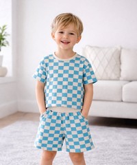 Little One Shop 4T Bamboo Slouchy Set Blue Gingham Check Boys Short Sleeve Short