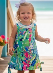 Lilly Pulitzer Baby Girls Coral Reef Print Shift Dress Size 2 Scalloped Lace 2T
