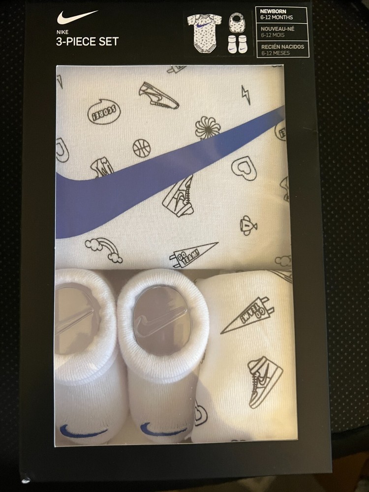 NIKE Baby Infant Bodysuit Bib Booties 3 Pc Gift Set White Black Blue 6-12 M NIB