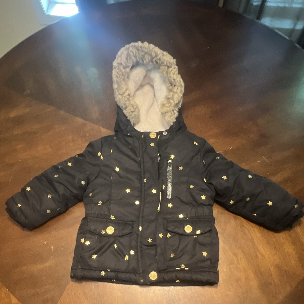 Cat & Jack Girls 2T Hooded Puffer Jacket Faux Fur Trim Full Zip Black Gold Stars