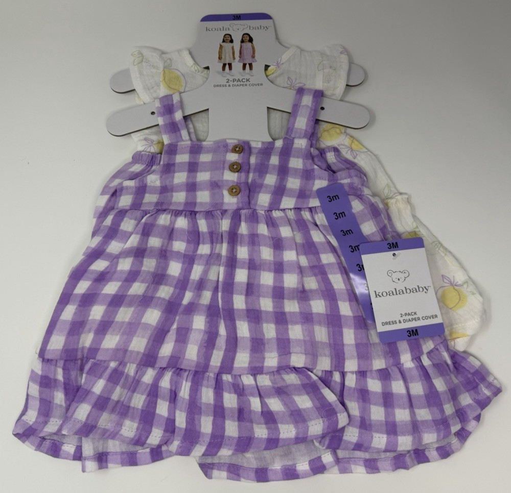Girls Size 3M 4-Piece Koala Baby 2-Pack Dress And Diaper Cover Sets Purple