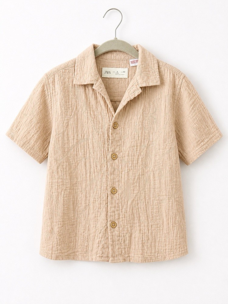 ZARA Beige Textured Collared Button-Up Short Sleeve Shirt 2 Years Unisex