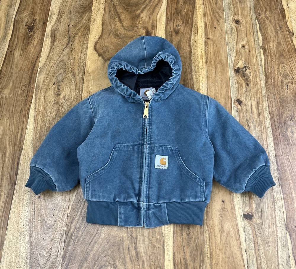 Vintage Toddler Carhartt Hooded Canvas Blue Jacket Kids Size 2T
