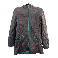 Northface Girls Large Dark Grey Quilted Aqua Lining Hood Zipper Mid Length